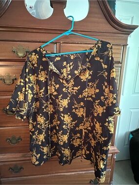 Women's Black Floral V-Neck Top with Mustard Yellow Print